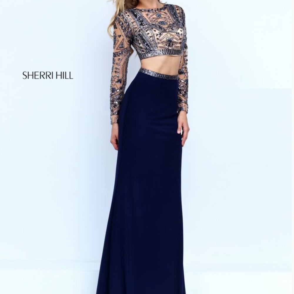 Prom Two- Piece Long sleeve navy blue formal gown